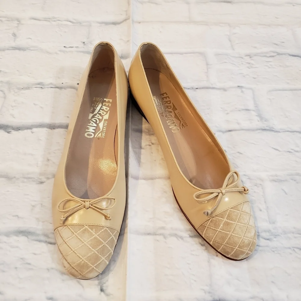 Salvatore Ferragamo Tan Leather & Suede Quilted Flats Women’s Size 8 2A